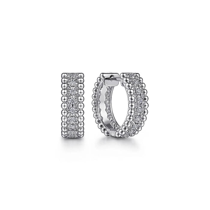 GABRIEL & CO BUJUKAN COLLECTION STERLING SILVER BEADED HUGGIE EARRINGS WITH 18=0.18TW ROUND WHITE SAPPHIRES   (2.91 GRAMS)