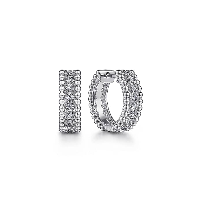 GABRIEL & CO BUJUKAN COLLECTION STERLING SILVER BEADED HUGGIE EARRINGS WITH 18=0.20TW ROUND WHITE SAPPHIRES   (2.87 GRAMS)
