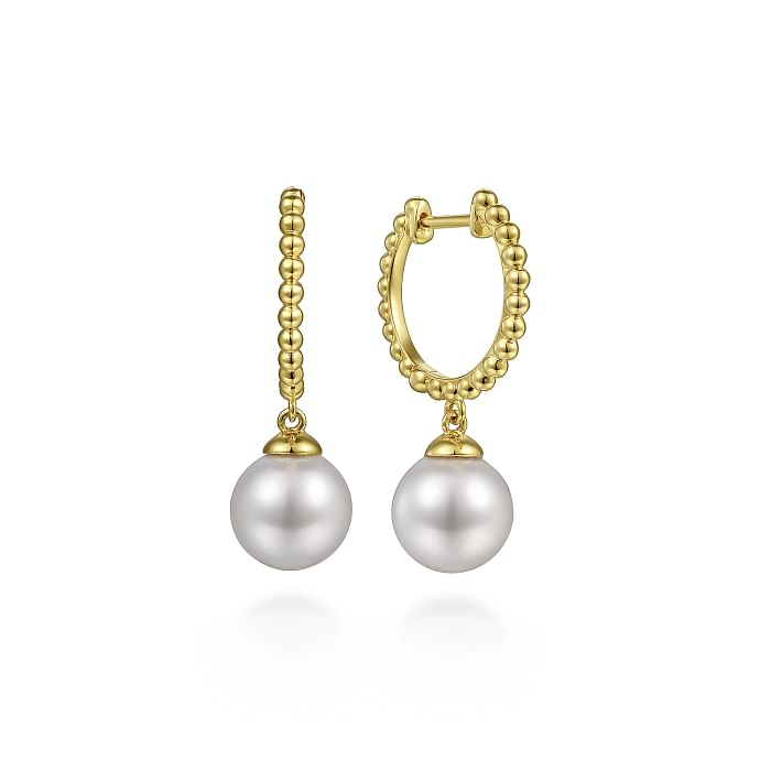14K YELLOW GOLD BEADED DROP EARRING WITH 2=8.00-8.50MM FRESH WATER WHITE PEARLS  (3.93 GRAMS)