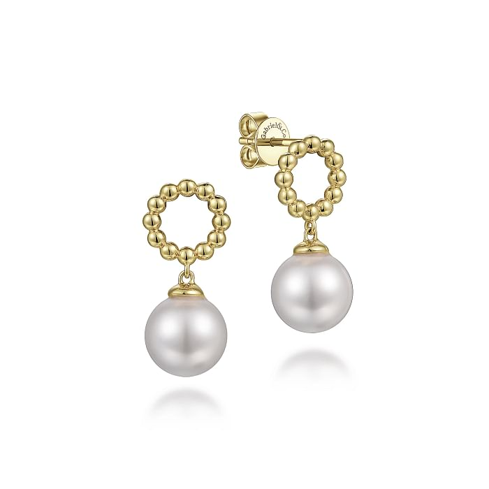 GABRIEL & CO 14K YELLOW GOLD BEADED DROP EARRING WITH 2=8.00-8.50MM FRESH WATER WHITE PEARLS   (3.50 GRAMS)