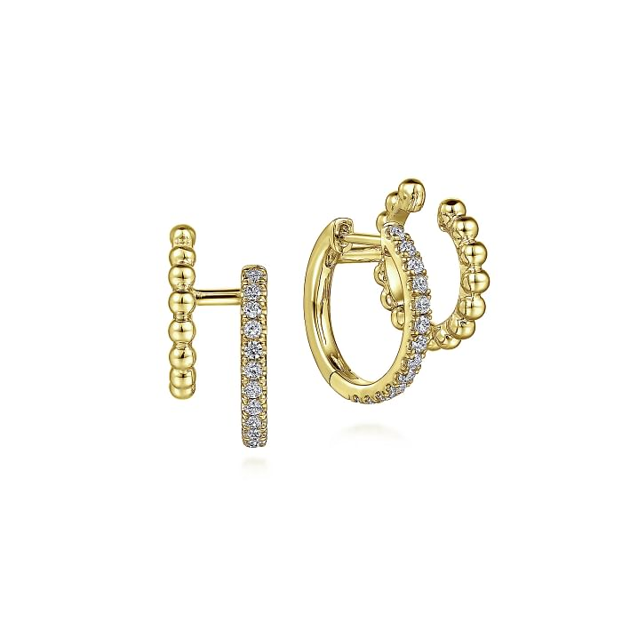 GABRIEL & CO 14K YELLOW GOLD BEADED HUGGIE DIAMOND EARRINGS WITH 26=0.34TW ROUND H SI2 DIAMONDS   (4.48 GRAMS)