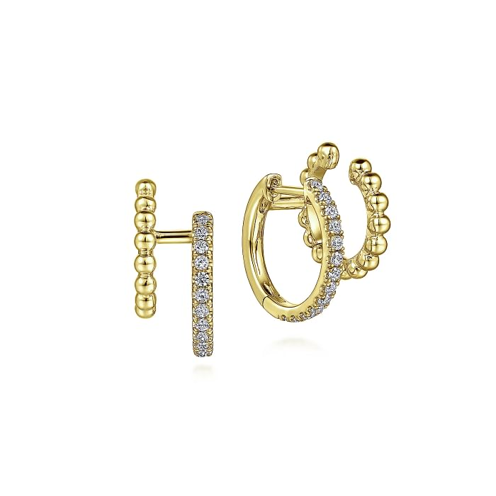 14K YELLOW GOLD BEADED HUGGIE DIAMOND EARRINGS WITH 26=0.34TW ROUND H SI2 DIAMONDS   (4.51 GRAMS)