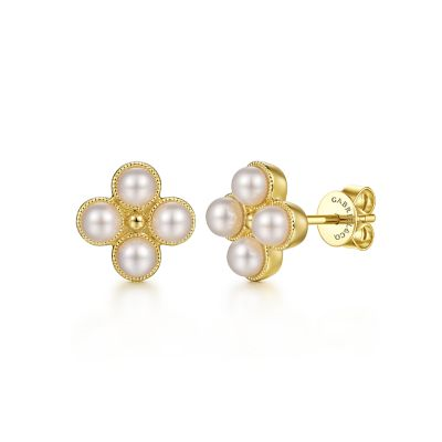 14K YELLOW GOLD MILGRAIN STUD EARRING WITH 8=3.00-3.50MM FRESH WATER WHITE PEARLS   (2.77 GRAMS)