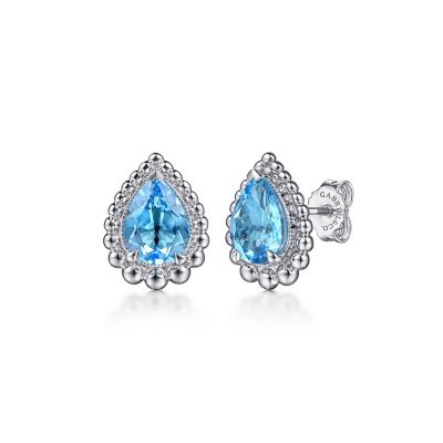 GABRIEL & CO BUJUKAN COLLECTION STERLING SILVER BEADED STUD EARRINGS WITH 2=2.76TW PEAR BLUE TOPAZS   (3.15 GRAMS)