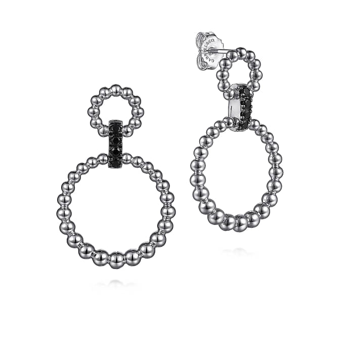 GABRIEL & CO BUJUKAN COLLECTION STERLING SILVER BEADED DROP EARRINGS WITH 8=0.18TW ROUND BLACK SPINELS    (5.35 GRAMS)