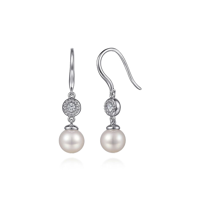 GABRIEL & CO BUJUKAN COLLECTION STERLING SILVER MILGRAIN DROP EARRINGS WITH 2=8.00-8.50MM FRESH WATER WHITE PEARLS AND 2=0.17TW ROUND WHITE SAPPHIRES  (2.69 GRAMS)