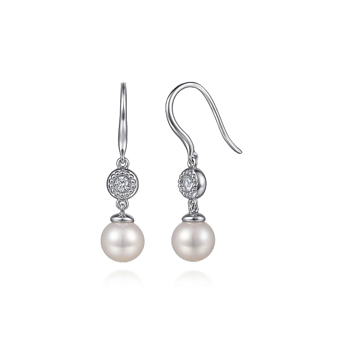 GABRIEL & CO BUJUKAN COLLECTION STERLING SILVER MILGRAIN DROP EARRINGS WITH 2=8.00-8.50MM FRESH WATER WHITE PEARLS AND 2=0.15TW ROUND WHITE SAPPHIRES  (2.81 GRAMS)