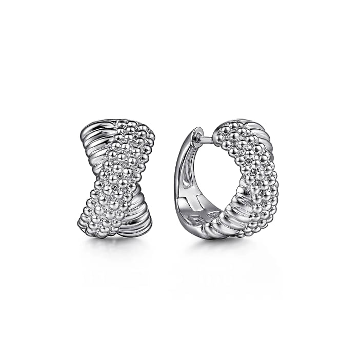 GABRIEL & CO BUJUKAN COLLECTION STERLING SILVER CRISS CROSS BEADED HUGGIE EARRINGS   (6.16 GRAMS)