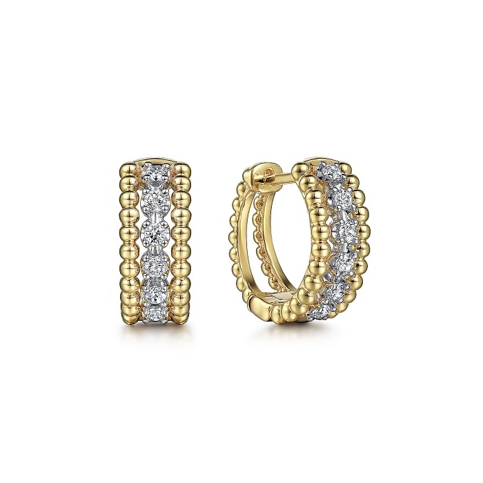 14K YELLOW & WHITE GOLD BEADED HUGGIE DIAMOND EARRINGS WITH 12=0.25TW ROUND H SI2 DIAMONDS   (3.81 GRAMS)