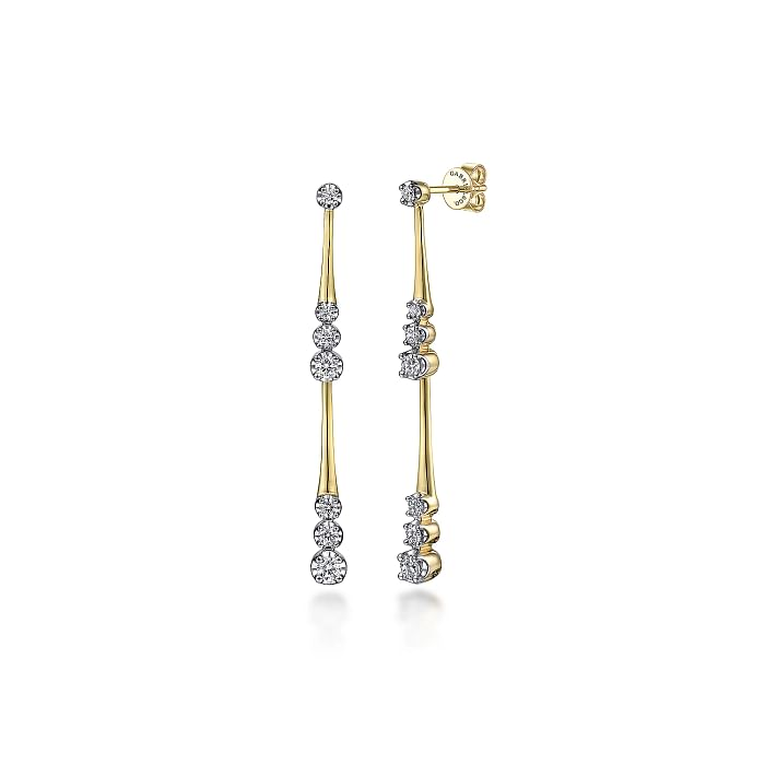 GABRIEL & CO 14K YELLOW GOLD DANGLE DIAMOND EARRINGS WITH 14=0.61TW ROUND H SI2 DIAMONDS   (4.76 GRAMS)