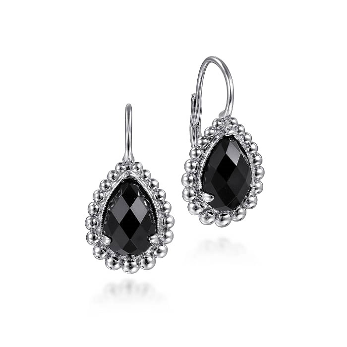 GABRIEL & CO BUJUKAN COLLECTION STERLING SILVER BEADED DROP EARRINGS WITH 2=5.22TW PEAR ONYXS   (7.10 GRAMS)