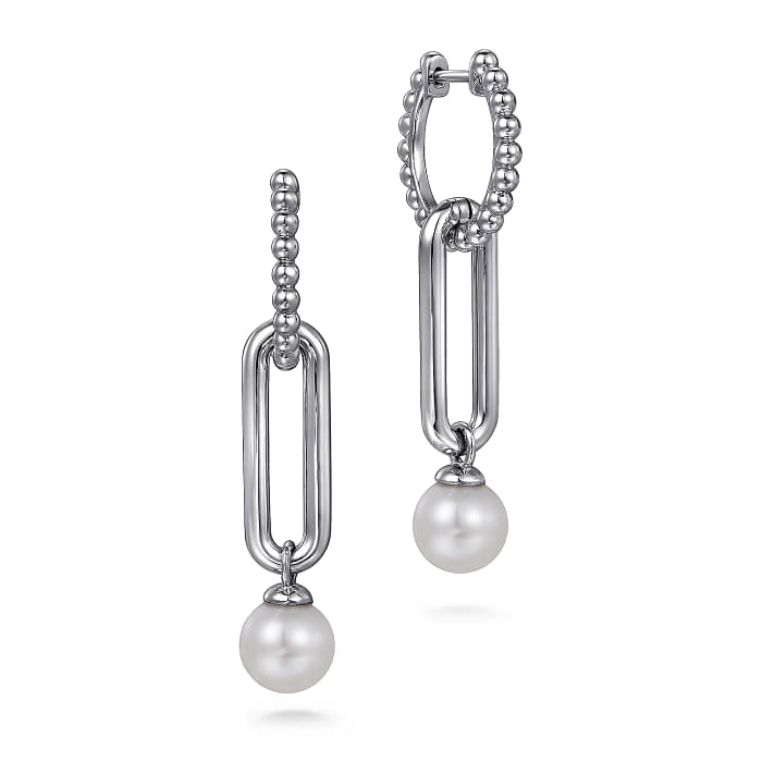 GABRIEL & CO BUJUKAN COLLECTION STERLING SILVER BEADED DANGLE EARRINGS WITH 2=7.00-7.50MM ROUND PEARLS   (6.20 GRAMS)