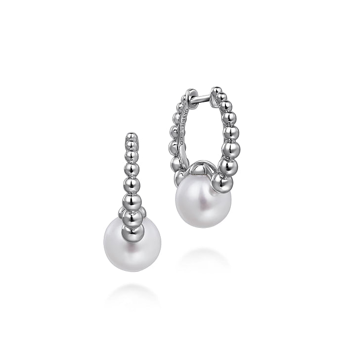 GABRIEL & CO BUJUKAN COLLECTION STERLING SILVER BEADED HUGGIE EARRINGS WITH 2=8.00-8.50MM ROUND PEARLS   (4.42 GRAMS)