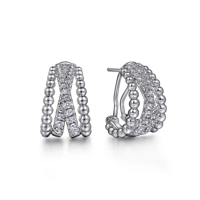 GABRIEL & CO BUJUKAN COLLECTION STERLING SILVER BEADED CRISS CROSS HUGGIE EARRINGS WITH 44=0.95TW ROUND WHITE SAPPHIRES   (8.12 GRAMS)