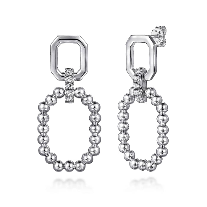 GABRIEL & CO BUJUKAN COLLECTION STERLING SILVER BEADED OCTAGON DANGLE EARRINGS WITH 10=0.30TW ROUND WHITE SAPPHIRES   (9.48 GRAMS)