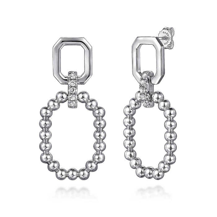 GABRIEL & CO BUJUKAN COLLECTION STERLING SILVER BEADED OCTAGON DANGLE EARRINGS WITH 10=0.30TW ROUND WHITE SAPPHIRES   (9.56 GRAMS)