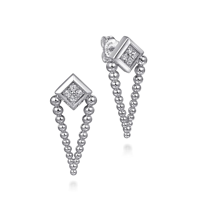 BUJUKAN STERLING SILVER BEADED DROP EARRINGS WITH 8=0.24TW ROUND WHITE SAPPHIRES   (4.93 GRAMS)
