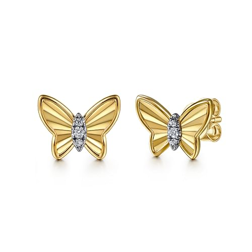 GABRIEL & CO CONTEMPORARY COLLECTION 14K YELLOW GOLD BUTTERFLY STUD DIAMOND EARRINGS WITH 6 = 0.06TW ROUND G-H SI1 DIAMONDS   (2.11 GRAMS)