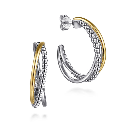 GABRIEL & CO BUJUKAN COLLECTION STERLING SILVER & 14K YELLOW GOLD BEADED HOOP SILVER EARRINGS  (11.82 GRAMS)