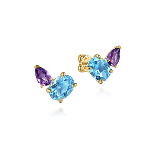 GABRIEL & CO COLOR COLLECTION 14K YELLOW GOLD TOI ET MOI STUD EARRINGS WITH 2 = 8.00X6.00MM OVAL BLUE TOPAZS AND 2 = 6.00X4.00MM PEAR AMETHYSTS   (3.15 GRAMS)