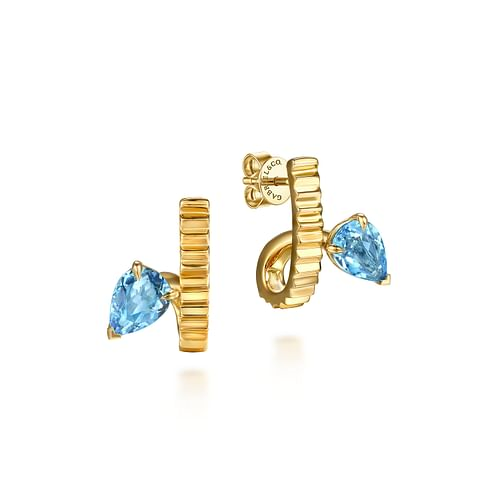 GABRIEL & CO COLOR COLLECTION 14K YELLOW GOLD DIAMOND CUT J-HOOP EARRINGS WITH 2 = 1.59TW PEAR BLUE TOPAZS  (4.48 GRAMS)