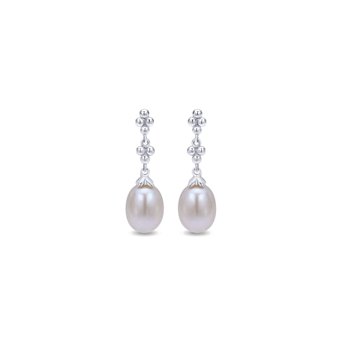 GABRIEL & CO BUJUKAN COLLECTION STERLING SILVER BEADED DANGLE EARRINGS WITH 2=6.00-6.50MM CULTURED PEARLS  (1.70 GRAMS)