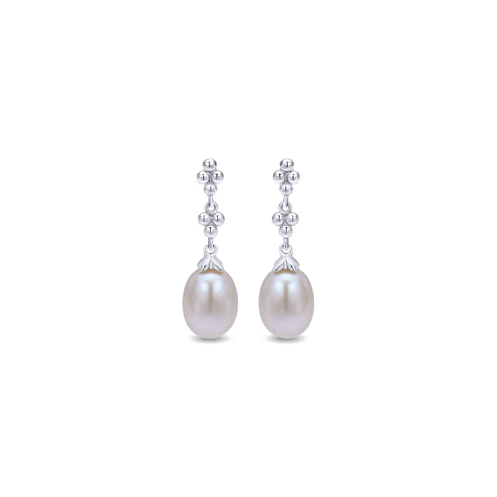 GABRIEL & CO BUJUKAN COLLECTION STERLING SILVER BEADED DANGLE EARRINGS WITH 2=6.00-6.50MM CULTURED PEARLS  (1.62 GRAMS)