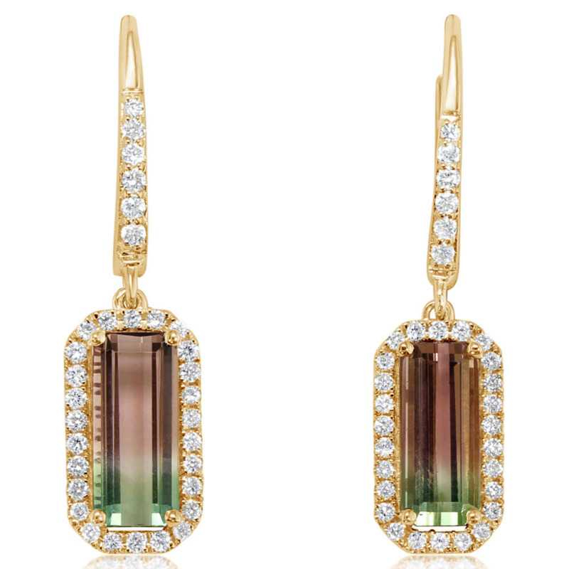 14K YELLOW GOLD DANGLE EARRINGS WITH 2=1.82TW EMERALD BI-COLOR TOURMALINES AND 64=0.33TW ROUND F-G SI1 DIAMONDS   (2.63 GRAMS)