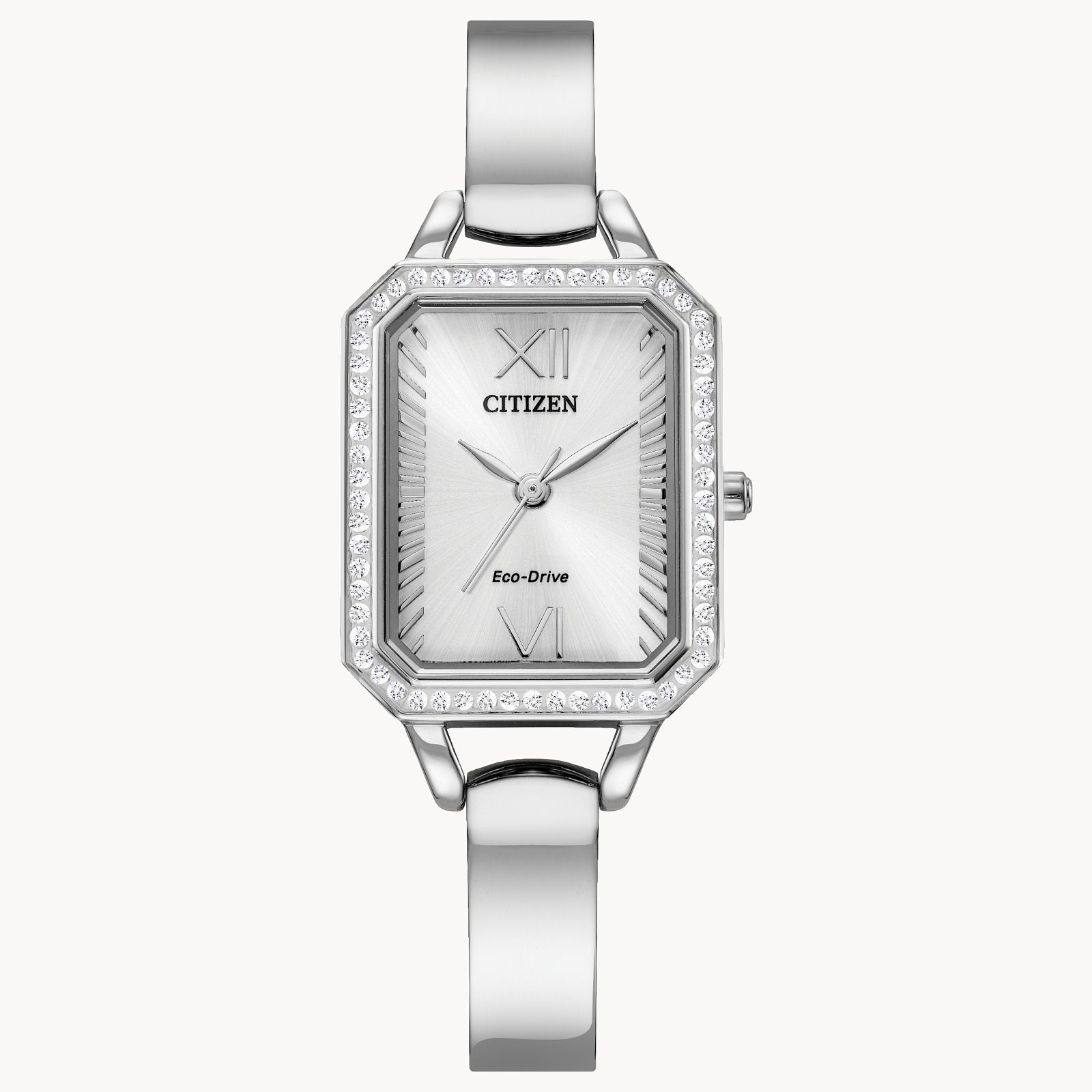 LADIES CITIZEN ECO DRIVE SILHOUETTE CRYSTAL COLLECTION STAINLESS STEEL CASE AND BRACELET WITH SILVER DIAL AND CRYSTALS ON BEZEL