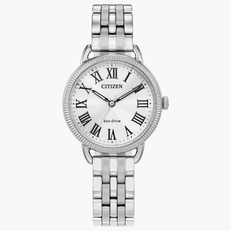 LADIES ECO DRIVE CLASSIC COIN EDGE WATCH WITH STAINLESS STEEL CASE AND BRACELET WITH SILVER TONE DIAL