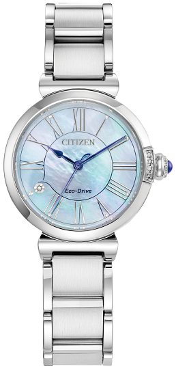 CITIZEN LADIES ECO DRIVE L MAE STAINLESS STEEL CASE AND BRACELET WITH MOTHER OF PEARL DIAL  3 DIAMONDS ON THE BEZEL AND ONE THE FACE