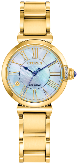 CITIZEN LADIES ECO DRIVE L MAE GOLD TONE STAINLESS STEEL CASE AND BRACELET WITH MOTHER OF PEARL DIAL  3 DIAMONDS ON THE BEZEL AND ONE THE FACE