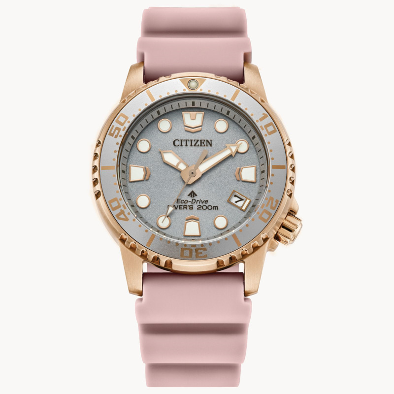 LADIES ECO DRIVE PROMASTER DIVE WATCH WITH ROSE TONE STAINLESS STEEL CASE  GRAY DIAL AND PINK SILICONE BAND