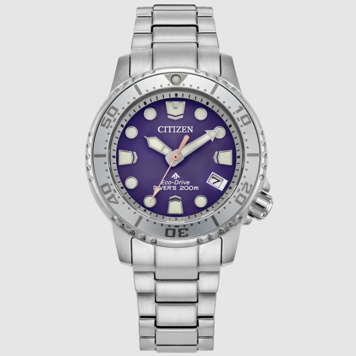 LADIES CITIZEN PROMASTER DIVE ECO DRIVE WATCH STAINLESS STEEL CASE AND BRACELET STRAP WITH PURPLE DIAL