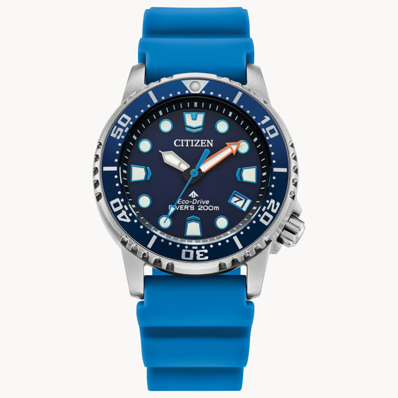 LADIES ECO DRIVE PROMASTER DIVE STAINLESS STEEL CASE  BLUE DIAL  AND BLUE SILICONE BAND