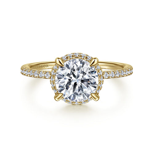 GABRIEL & CO 14K YELLOW GOLD HIDDEN HALO SEMI-MOUNT RING SIZE 6.5 WITH 44 = 0.30TW ROUND E-F SI1-SI2 DIAMONDS