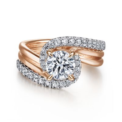 14K WHITE & ROSE GOLD BYPASS SEMI-MOUNT RING SIZE 6.5 WITH 30=0.44TW ROUND G-H SI2 DIAMONDS    (7.91 GRAMS)