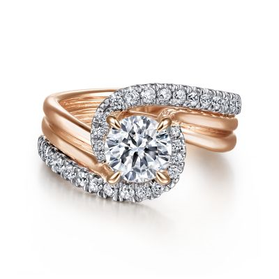 14K WHITE & ROSE GOLD BYPASS SEMI-MOUNT RING SIZE 6.5 WITH 30=0.44TW ROUND G-H SI2 DIAMONDS    (7.83 GRAMS)