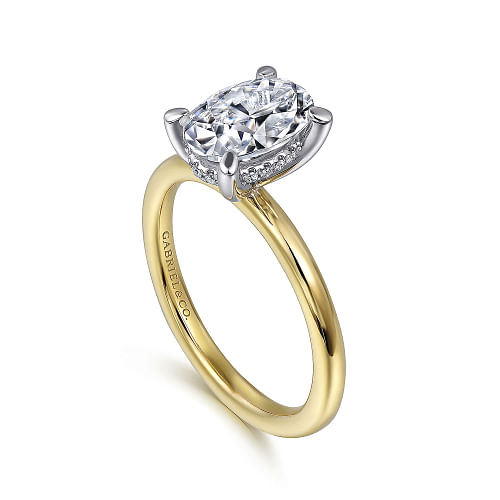 14K YELLOW & WHITE GOLD HIDDEN HALO CARI SEMI-MOUNT RING SIZE 6.5 WITH 14=0.05TW ROUND G-H SI2 DIAMONDS  (3.71 GRAMS)