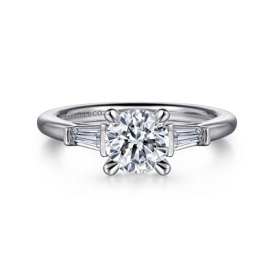 14K WHITE GOLD ACACIA 3 STONE SEMI-MOUNT RING SIZE 6.5 WITH 2=0.31TW BAGUETTE G-H VS2 DIAMONDS   (4.12 GRAMS)