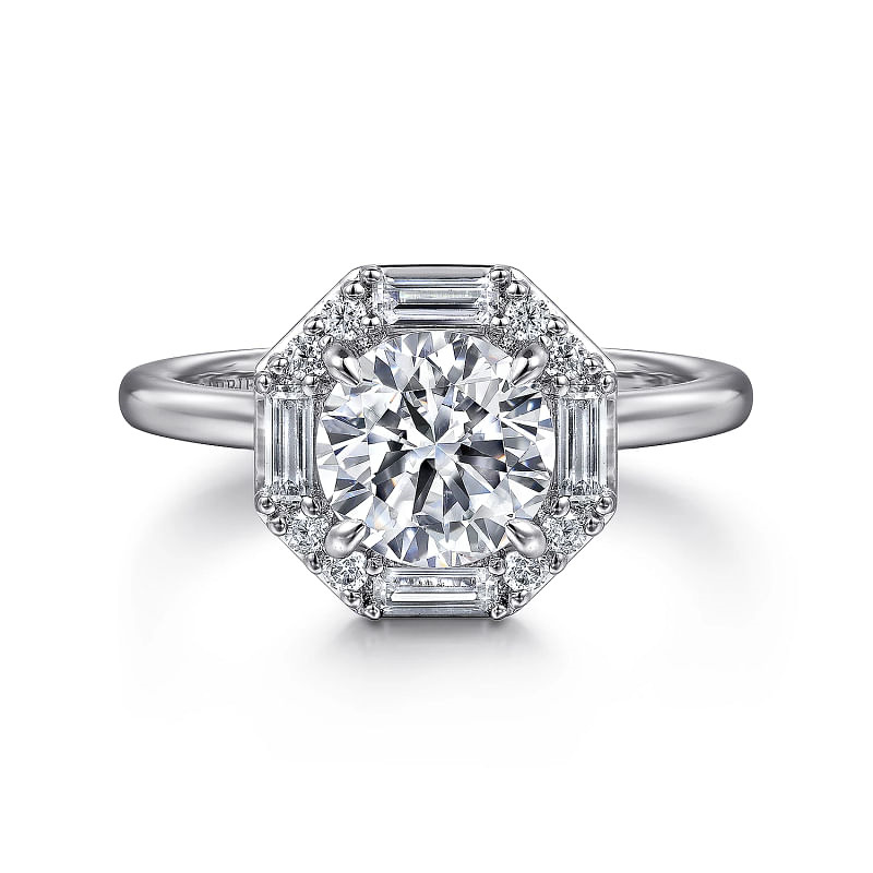 14K WHITE GOLD HALO SEINA SEMI-MOUNT RING SIZE 6.5 WITH 4=0.37TW BAGUETTE G-H VS2 DIAMONDS AND 20=0.19TW ROUND G-H SI2 DIAMONDS   (4.77 GRAMS)