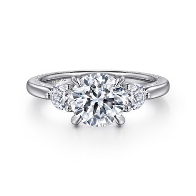 14K WHITE GOLD MILGRAIN 3 STONE SEMI-MOUNT RING SIZE 6.5 WITH 20=0.59TW ROUND G-H SI2 DIAMONDS