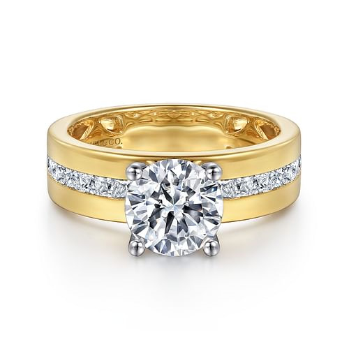 GABRIEL & CO CONTEMPORARY COLLECTION 14K YELLOW & WHITE GOLD CHANNEL SET SEMI-MOUNT RING SIZE 6.5 WITH 16 = 0.62TW PRINCESS G-H SI1 DIAMONDS   (6.12 GRAMS)