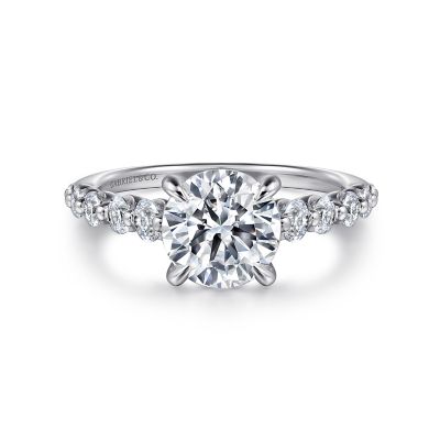 14K WHITE GOLD SHARED PRONG SEMI-MOUNT RING SIZE 6.5 WITH 10=0.54TW ROUND G-H SI2 DIAMONDS   (3.53 GRAMS)