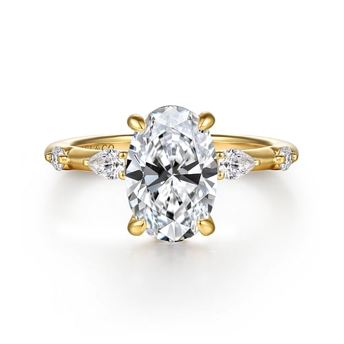 GABRIEL & CO STARLIGHT COLLECTION 14K YELLOW GOLD SEMI-MOUNT RING SIZE 6.5 WITH 2 = 0.16TW PEAR G-H SI1 DIAMONDS AND 2 = 0.06TW ROUND G-H SI1 DIAMONDS  (3.75 GRAMS)