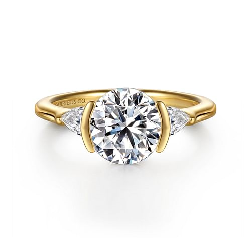 GABRIEL & CO CONTEMPORARY COLLECTION 14K YELLOW GOLD 3 STONE SEMI-MOUNT RING SIZE 6.5 WITH 2 = 0.30TW PEAR G-H SI1 DIAMONDS   (4.09 GRAMS)
