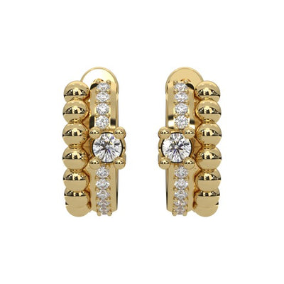 SPIRIT COLLECTION MODERN ELECTRUM BEADED HUGGIE DIAMOND PEAK EARRINGS WITH 22=0.35TW ROUND H VS2 DIAMONDS  (5.25 GRAMS)