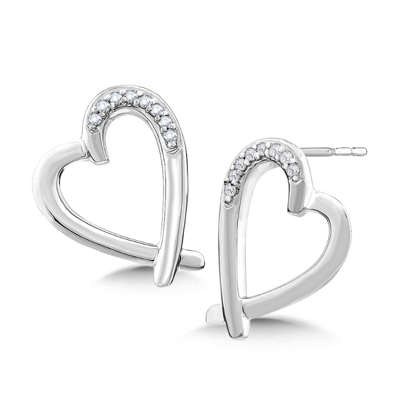 STERLING SILVER STUD HEART EARRINGS WITH 16=0.05TW SINGLE CUT H-I I1 DIAMONDS  (2.20 GRAMS)