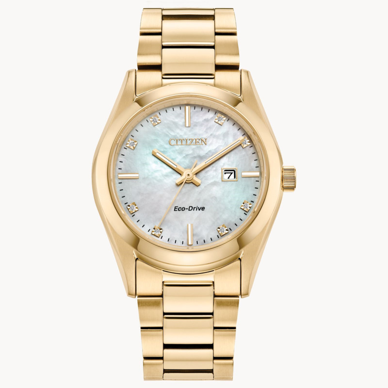 LADIES ECO DRIVE SPORT LUXURY WATCH GOLD TONE STAINLESS STEEL CASE AND BRACELET WITH MOTHER OF PEARL DIAL