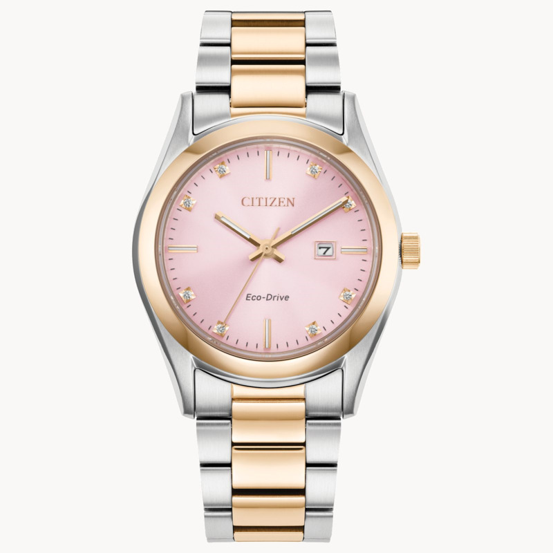LADIES ECO DRIVE TWO TONE WATCH WITH ROSE TONE CASE  PINK DIAL  AND ROSE TONE AND STAINLESS STEEL BRACELET
